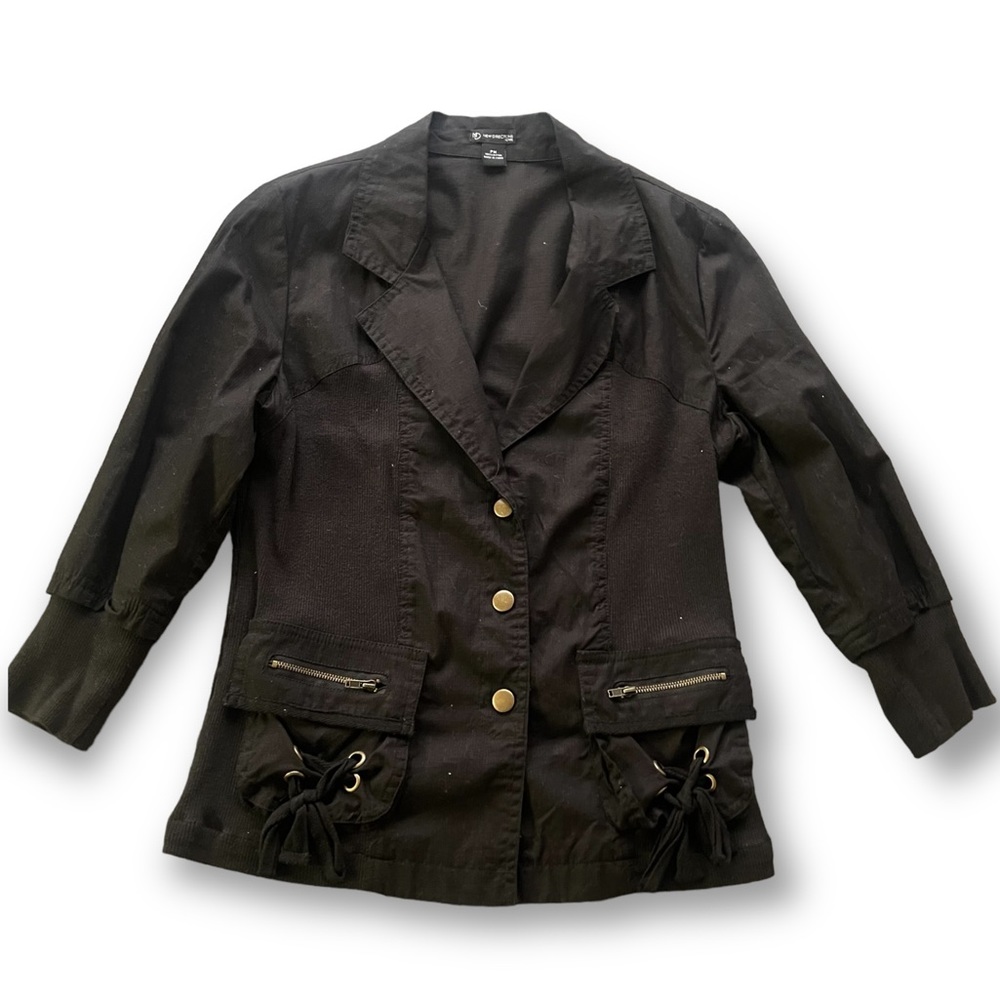 Vintage New Directions Black Lightweight Lace-up Zip Blazer Sz PM Goth Punk Y2K